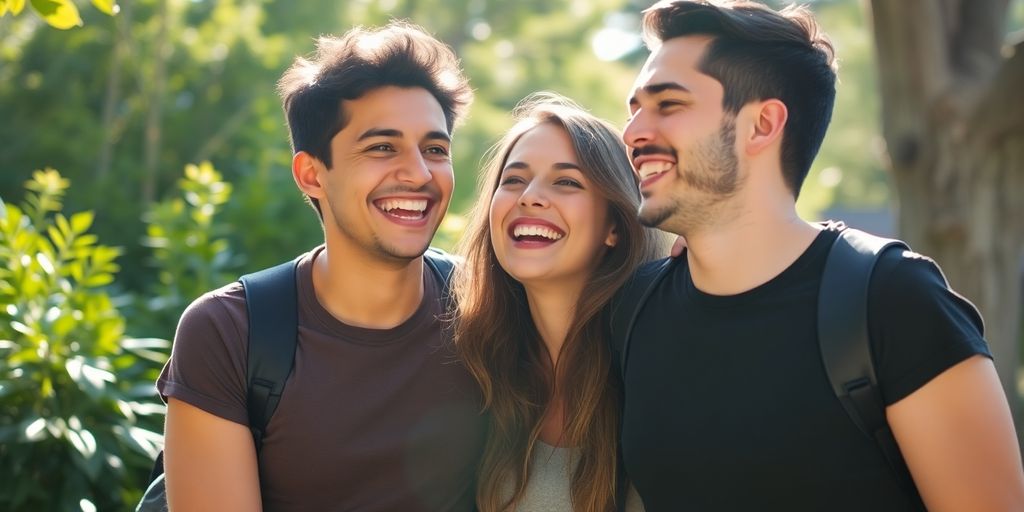 Two friends laughing together in a sunny outdoor setting.