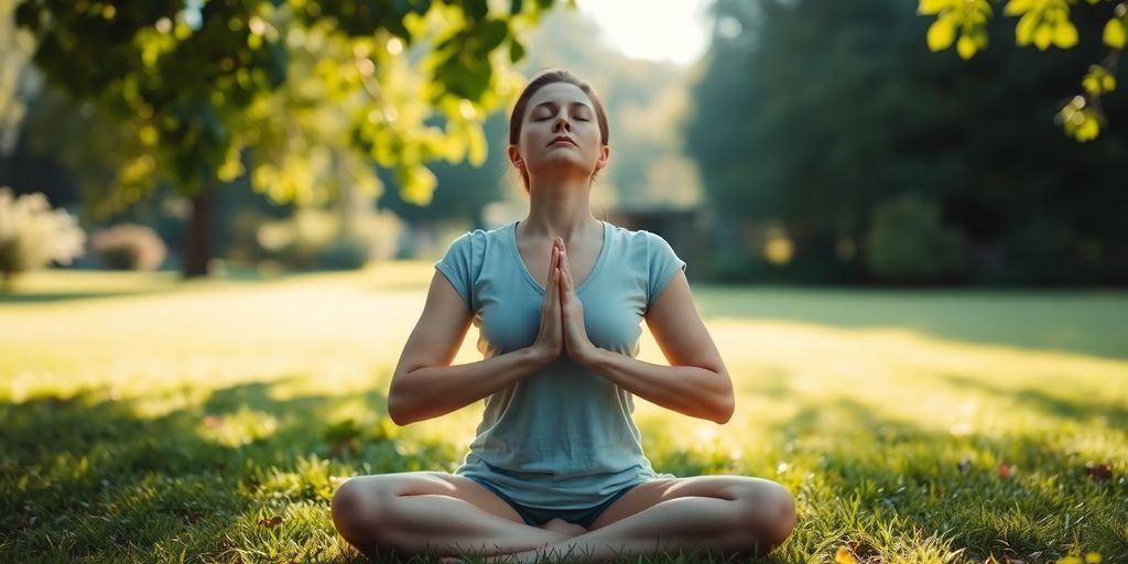 Person meditating outdoors in a peaceful natural setting.