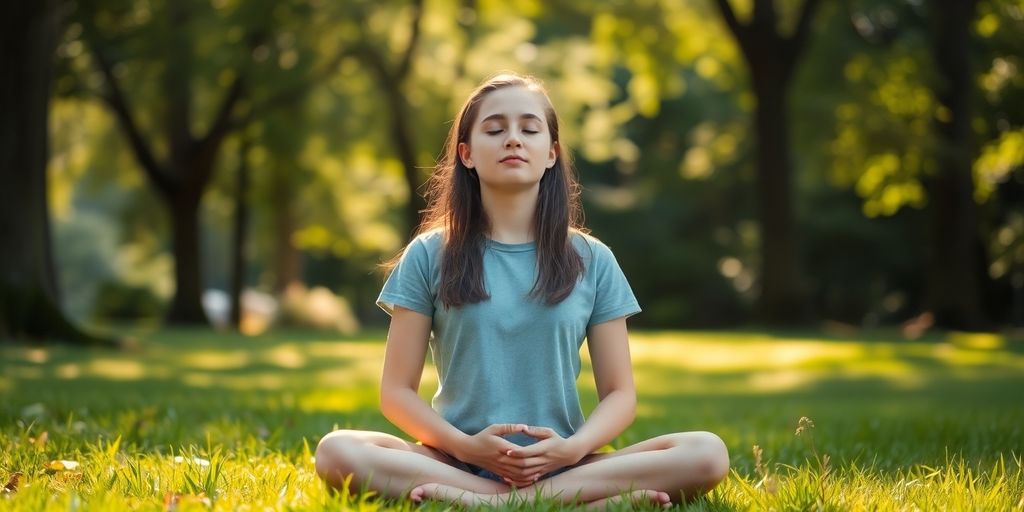 Teenage girl meditating outdoors in nature, radiating calmness.