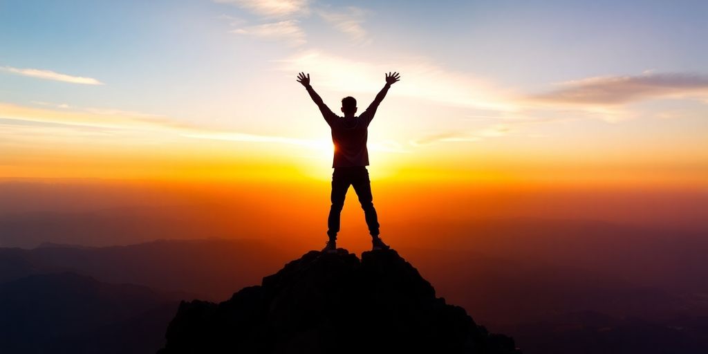 Confident person celebrating success on a mountain peak.
