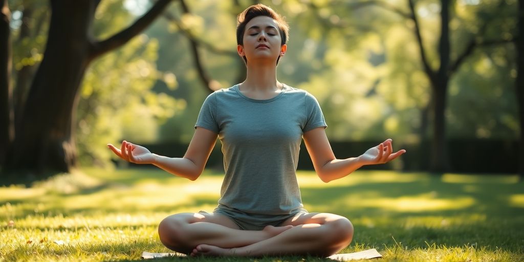 Person meditating outdoors, practicing mindful breathing in nature.