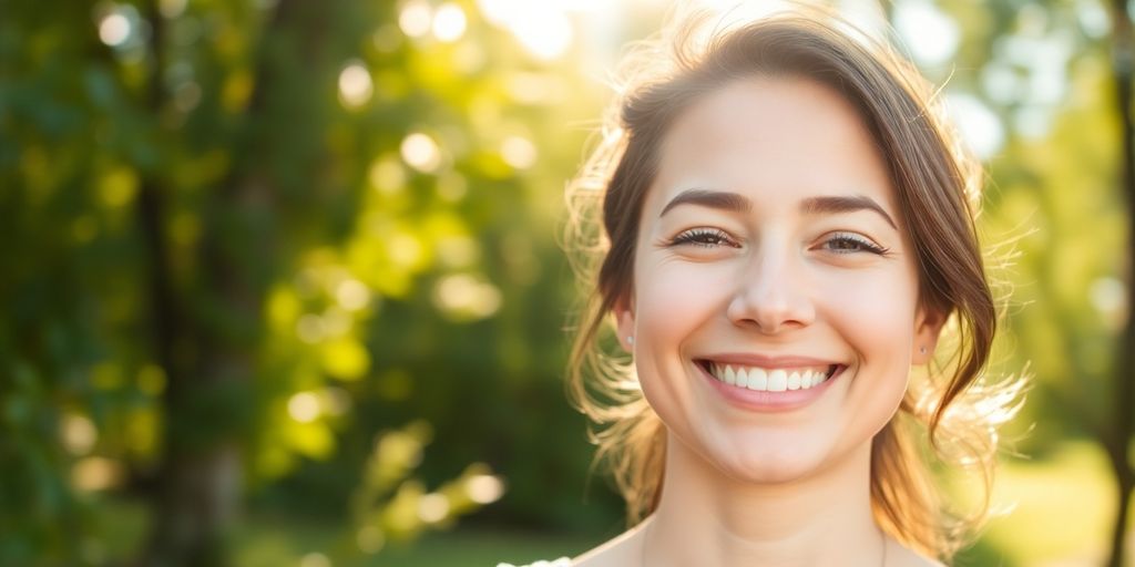Person smiling in a serene outdoor setting, exuding confidence.
