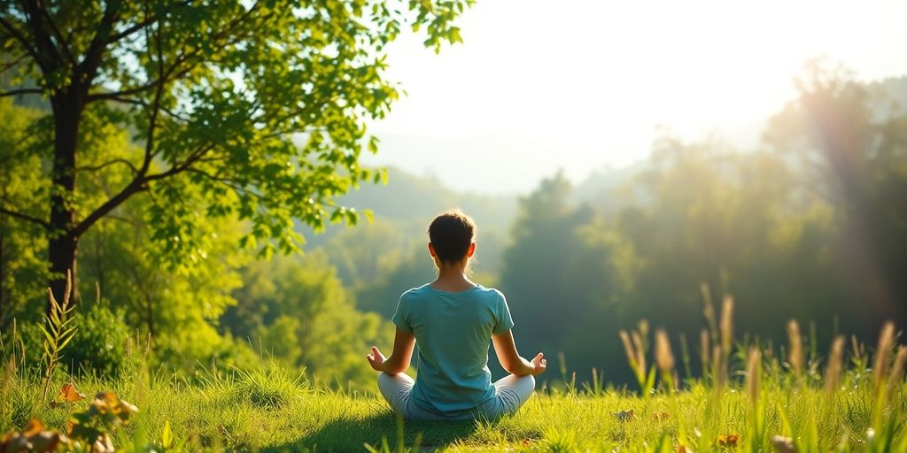 Person meditating in nature surrounded by greenery and sunlight.
