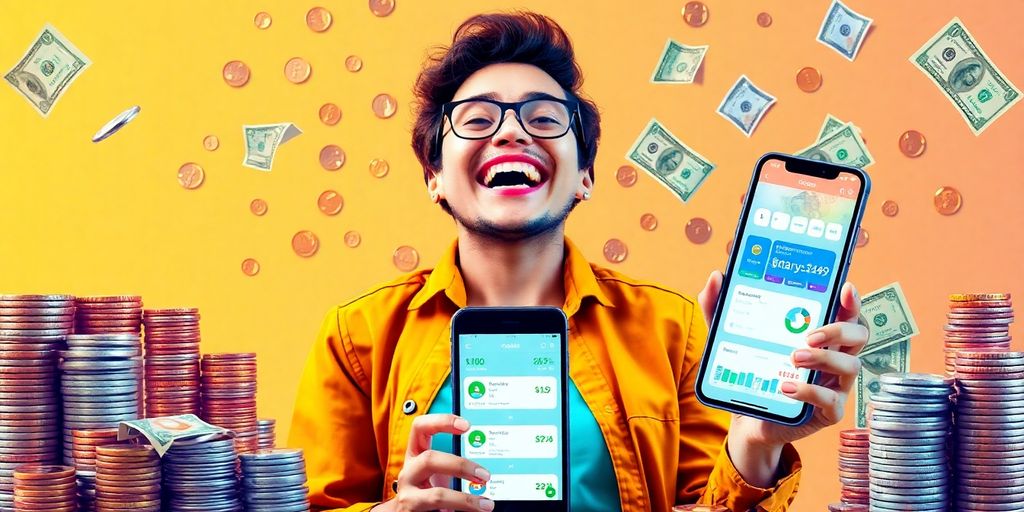 Person managing finances with coins and a smartphone.
