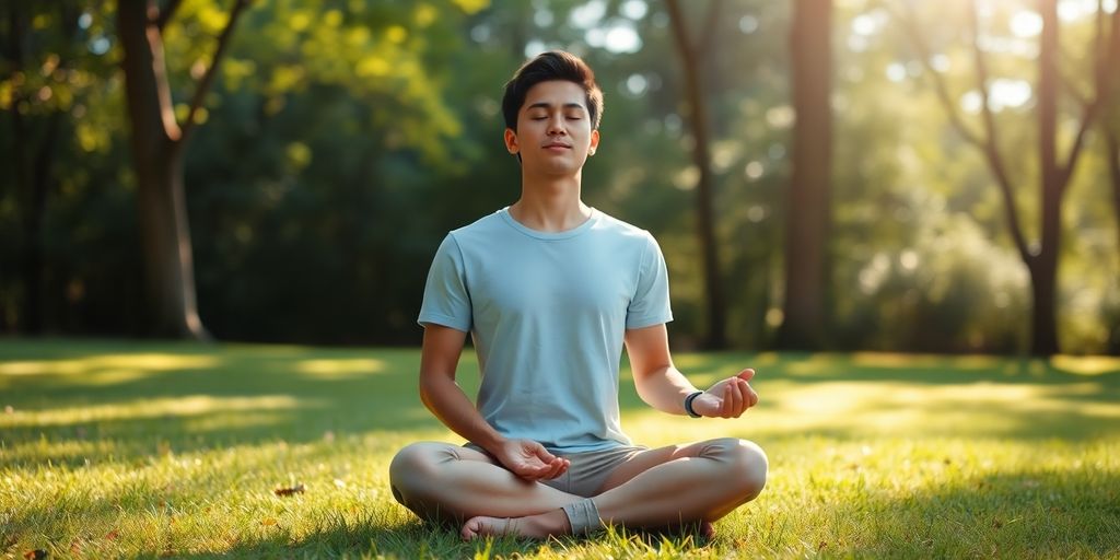 Person meditating in nature, surrounded by greenery and sunlight.