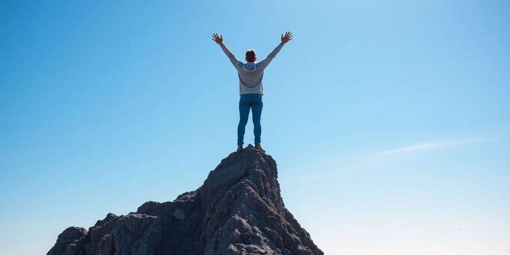 Person celebrating success on a mountain peak under blue sky.