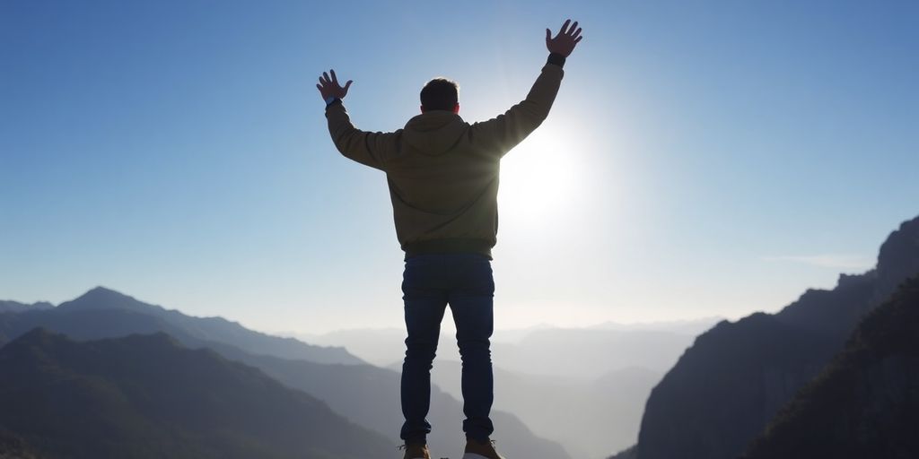 Person celebrating confidence on mountain peak under bright sky.