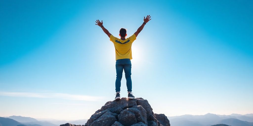 Person celebrating on a mountaintop with arms raised.