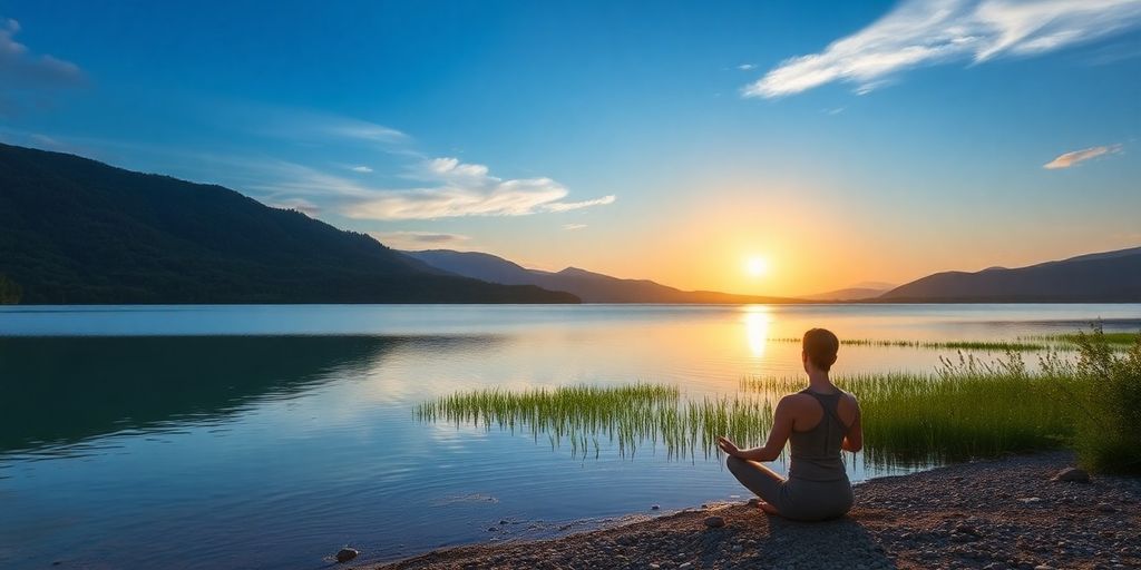 A person meditating by a tranquil lake at sunrise.