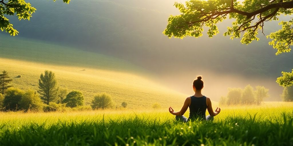 Person meditating in nature, surrounded by greenery and sunlight.