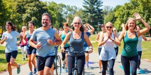Group of people enjoying outdoor exercise in a park.