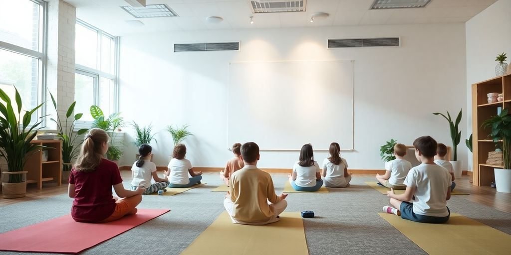Students engaging in mindfulness activities in a peaceful classroom.