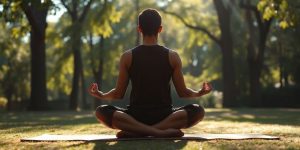 Person meditating in nature, embodying digital calmness.