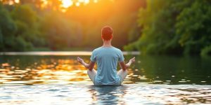 Person meditating peacefully in a tranquil natural setting.