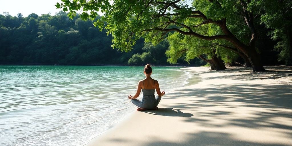 Person meditating peacefully by a serene landscape.