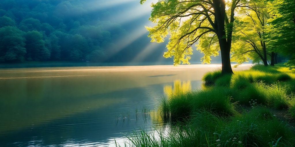 Peaceful lake scene reflecting tranquility and emotional wellness.