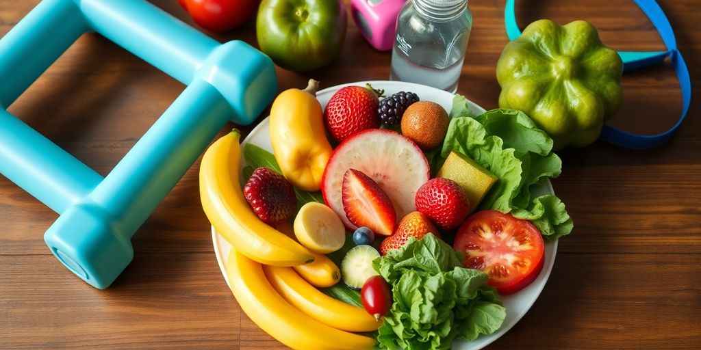 Fresh fruits and vegetables arranged with fitness equipment.