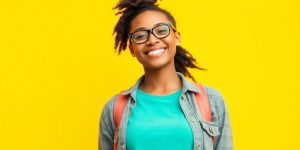 Confident person smiling with bright background, radiating positivity.