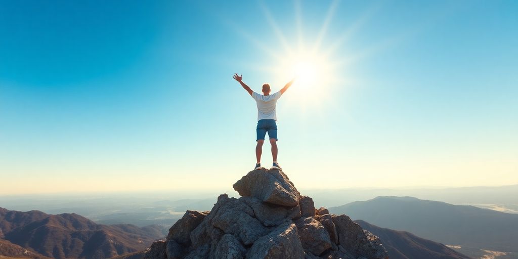 Confident person standing on a mountain peak with arms raised.