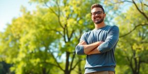 Person standing confidently in a sunny park setting.