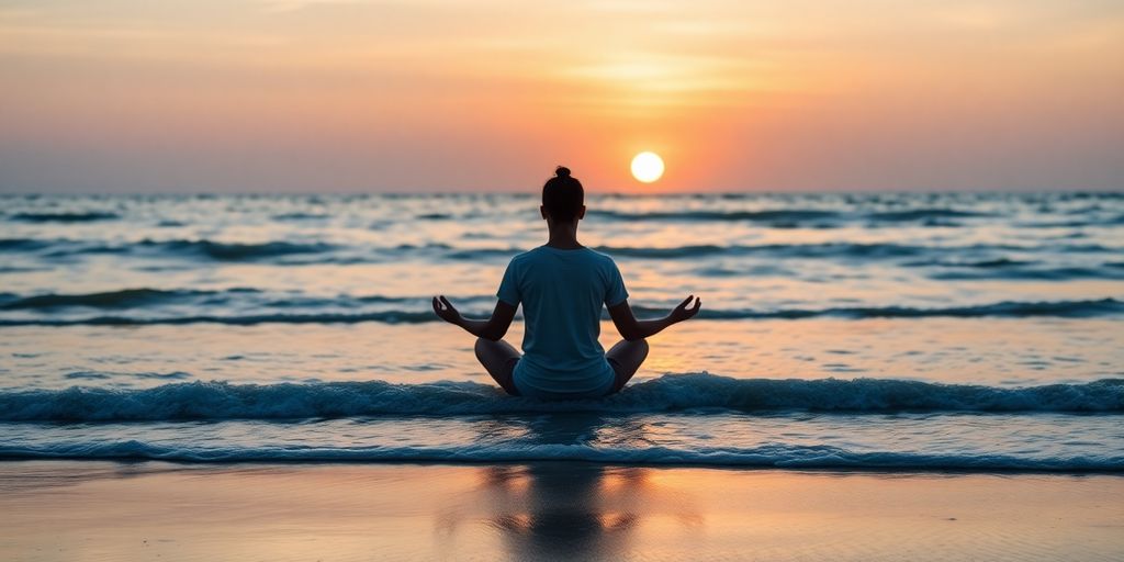 Person meditating on a beach during sunrise.