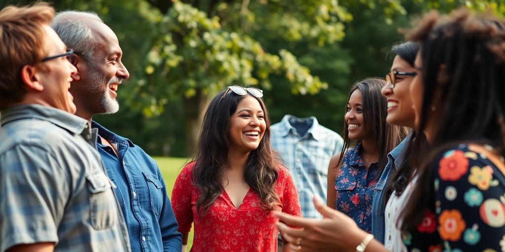 Diverse group of people engaged in conversation outdoors.