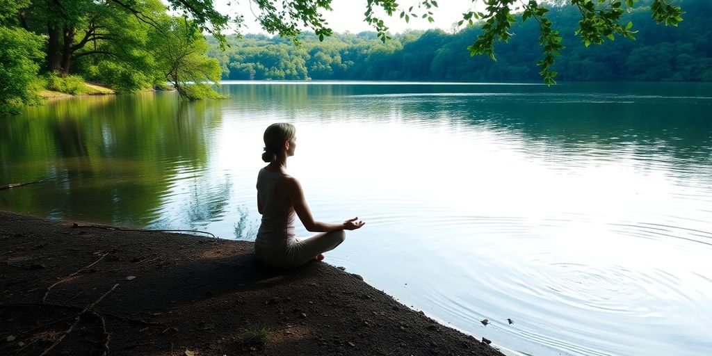 Person meditating by a calm lake in nature.